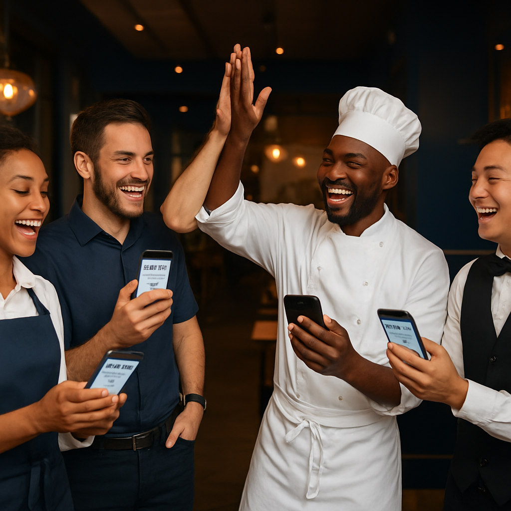 Happy restaurant team celebrating payday